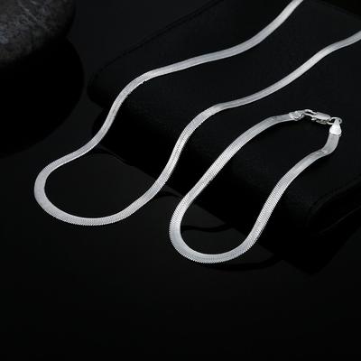 925 Sterling Silver 4mm Flat Chain Bracelets Neckalce Set For Women Fashion Party Wedding Noble Jewelry Sets Gifts