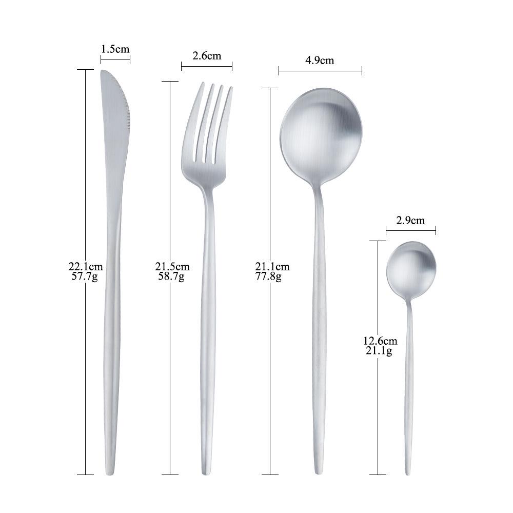 

Four-Piece Portugal Stainless Steel Tableware Set: Steak Knife, Fork, and Dessert Spoon with Round Handle.