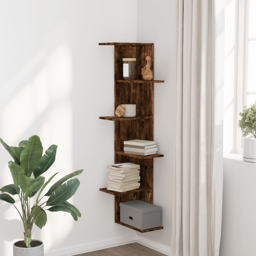 Wall Mounted Corner Shelf Smoked Oak 36.5 x 36.5 x 140 cm Particleboard