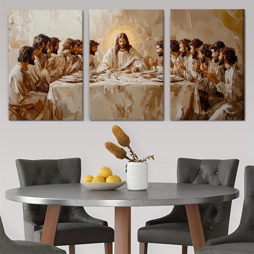 

3 pieces of retro oil painting style final dinner canvas decoration painting religious theme art hanging painting living room en (as the picture,20x30cm No Frame)