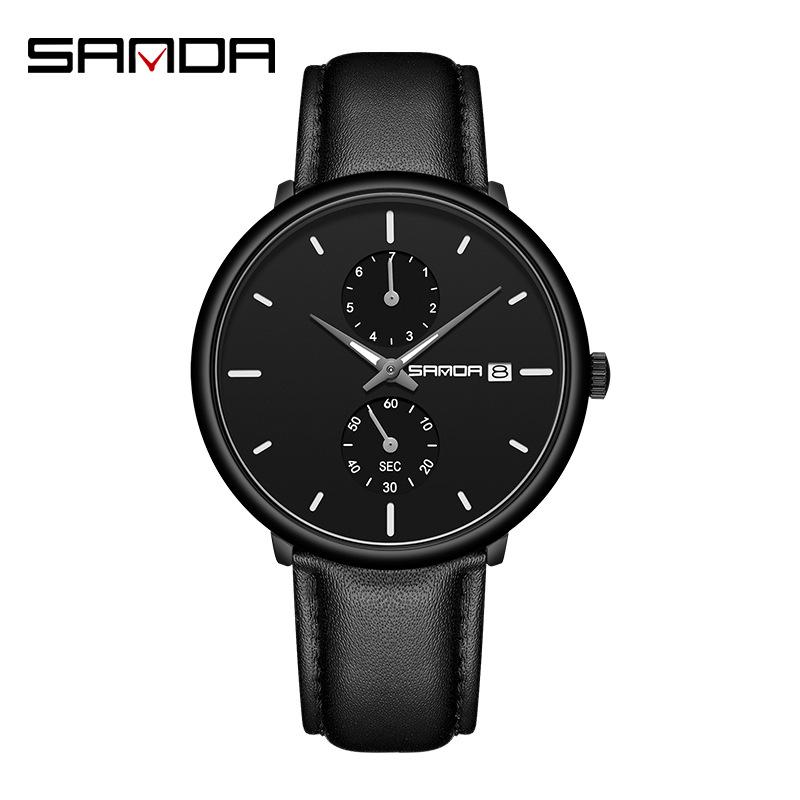 SANDA Men's 3D Leather Strap Waterproof Quartz Mesh Wristwatch - Fashionable & Trendy Calendar Design