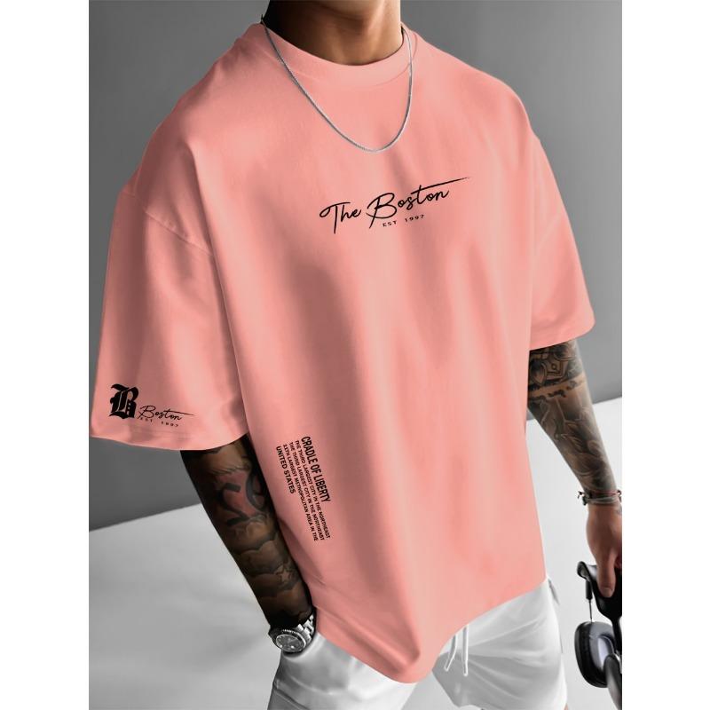 ETST46 Zomer Nieuw Mannen Casual Los Kort Gebreid Rond Hals T-shirt Boston 1997 Bedrukt Patroon Buiten Fitness Polyester Vezel Top 2XL