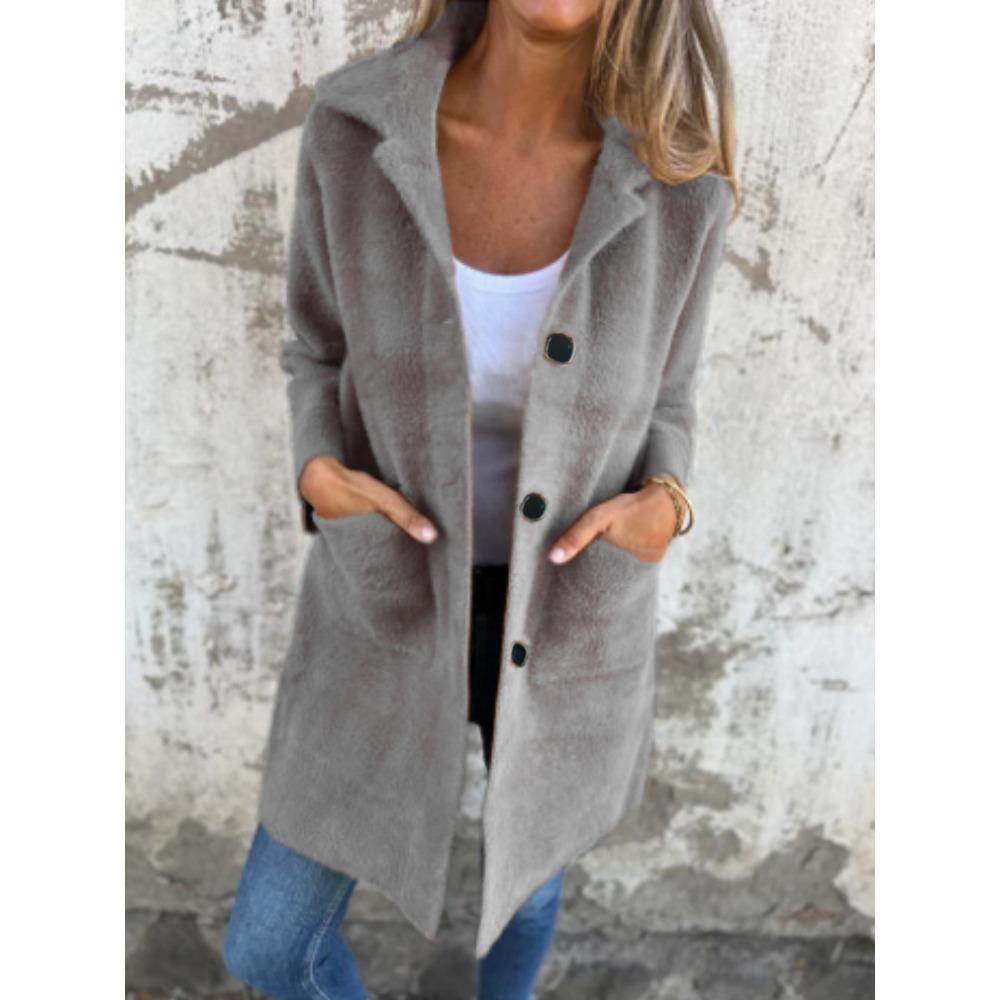 Women's Notched Lapel Single‑Breasted Pocket Loose Mid‑Length Fleece Coat Fall Outerwear