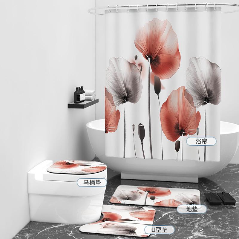 Einfacher Badezimmervorhang Blume Digitaldruck Duschvorhang Duschvorhang Vier-teiliges Set