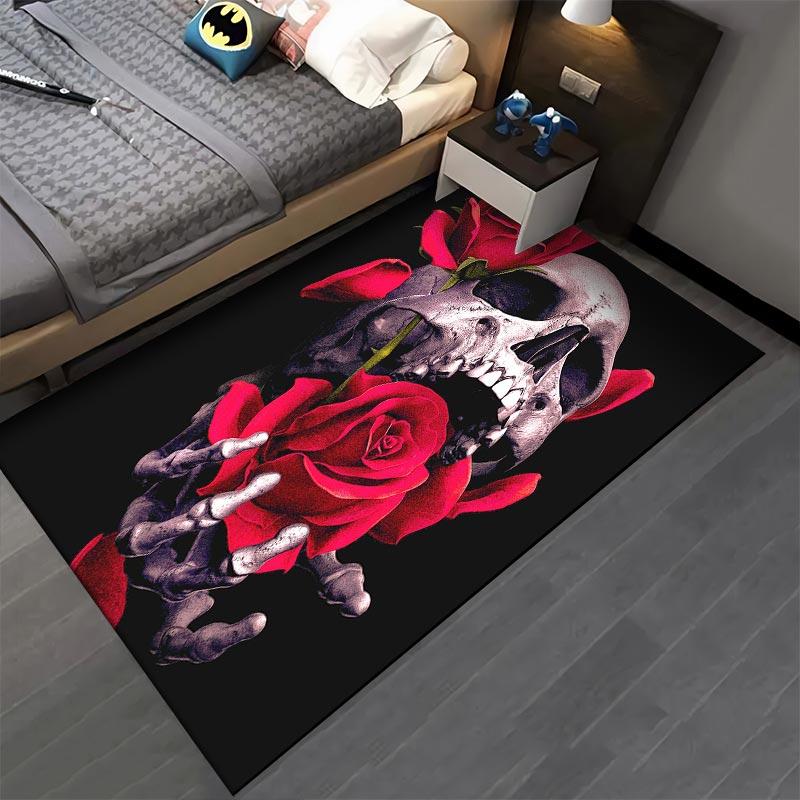 Gothic Skull and Red Roses Print Carpet with Black Background Suitable for use as an anti-slip for living room bedroom sofas