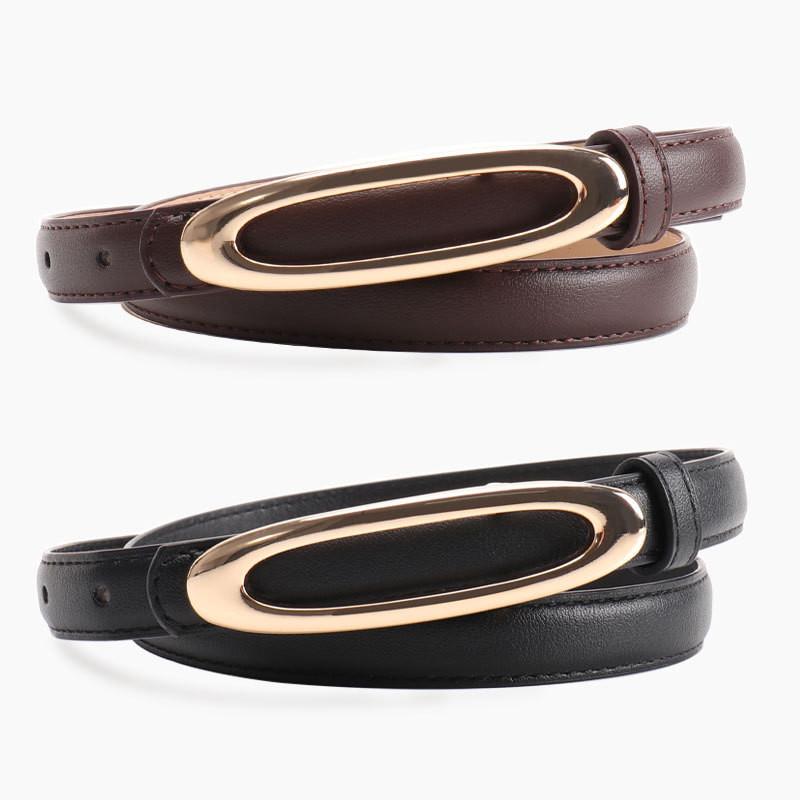 Women Leather Minimalist Belt With Elliptical Flat Buckle For Dress Jeans And
