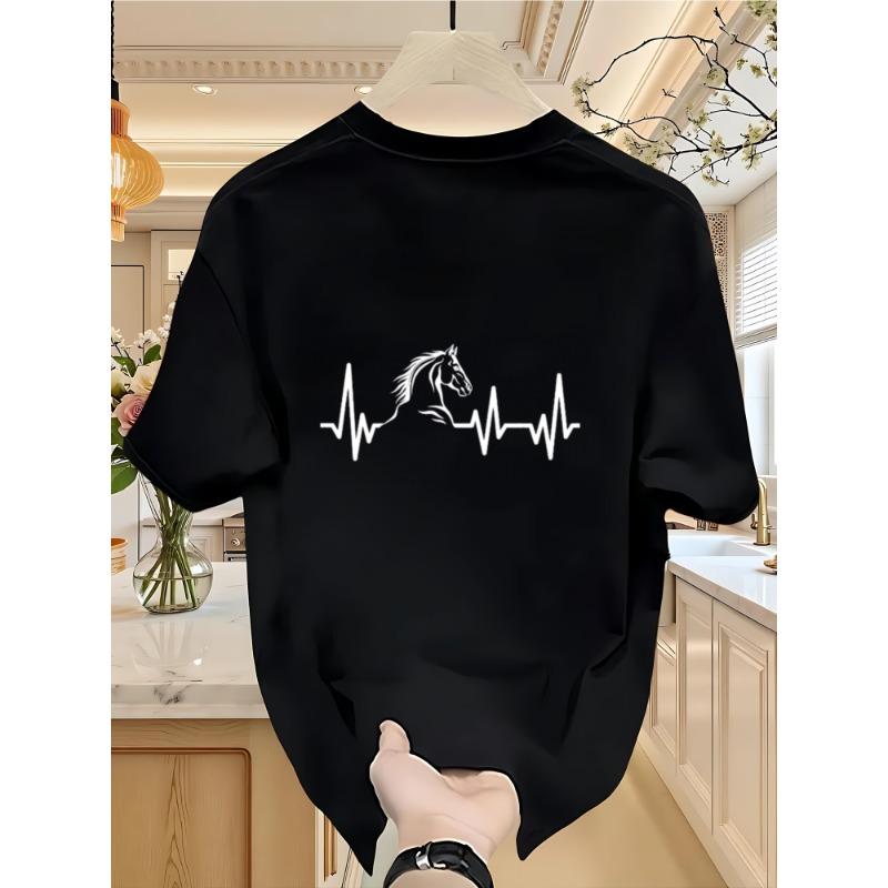 

Европейские размеры Мужская хлопковая футболка темно-синего цвета для любителя лошадей - Линия сердцебиения в стиле equestrian с изображением лошадей и скачущей лошади S чёрный