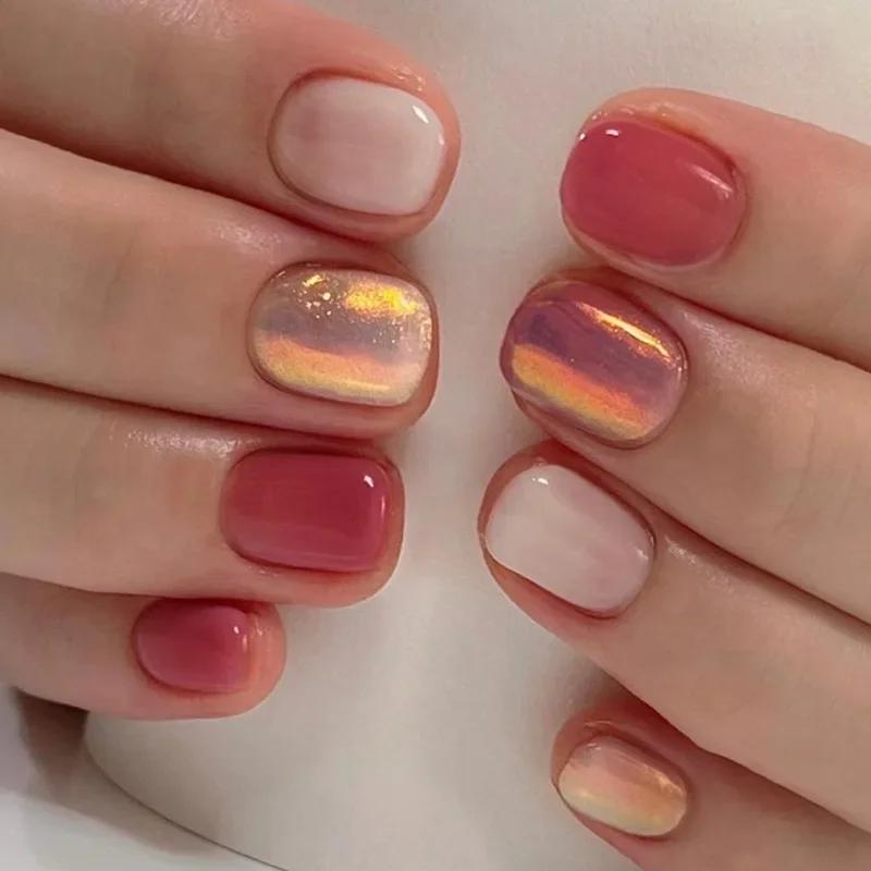 24Pcs Simple False Nails with Glue Short Almond Fake Nails Glitter Aurora Round Head Full Cover Nail Tips Oval Press on Nails