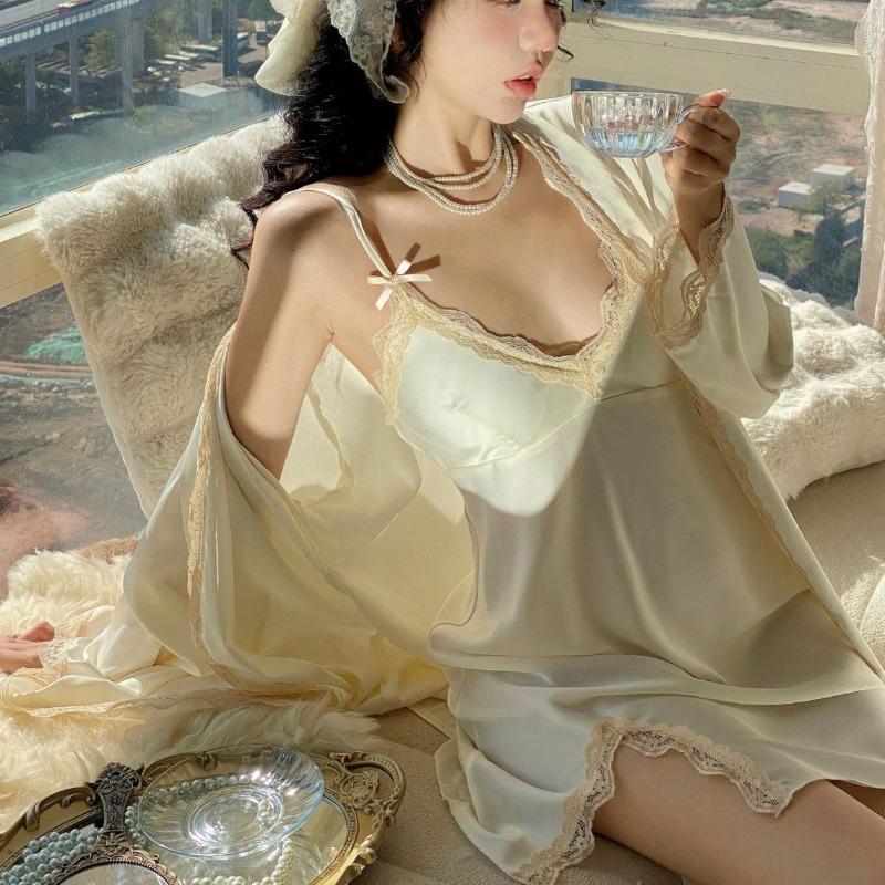 Sexy pajamas women's ice silk thin style with chest pad pure desire wind suspender nightdress two-piece set new loungewear