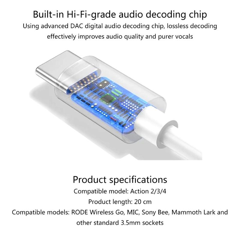 20cm Microphone Adapter Cable for Rode Wireless Series, Quality Audional Transfer Cord Type-C To 3.5mm for Action 2 3 4