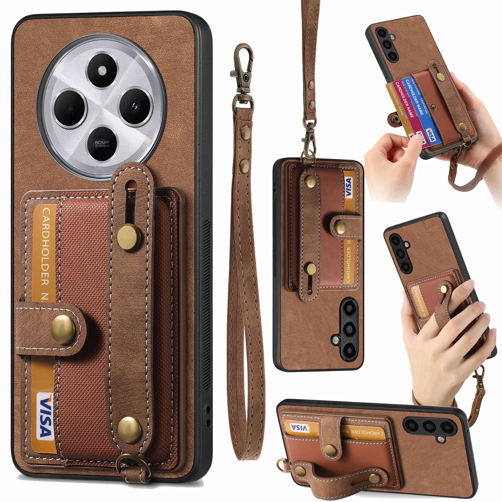 

Phone Case For Xiaomi Redmi 14C 4G/14R 5G/Poco C75 4G Wristband Kickstand PU Leather Retro Back Cover Card Holder Brown