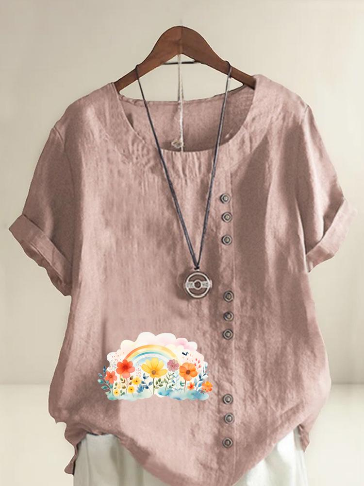 Women s Fashion Rainbow Flower Clusters Printing Shot Sleeve T-shirt Loose Cotton Shirt Casual Loose Summer Blouse Tops Plus Size S розовый