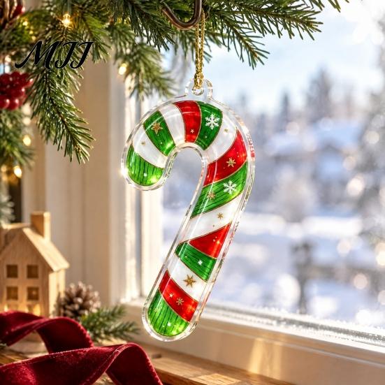 Gift Box Snowflake Ornaments Green Elf Christmas Ornament, 2D Acrylic Red Bell Tree Candy Cane Durable Holiday Gifts Shaped Double Sided Hanging