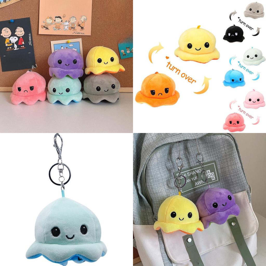 Adorables Porte-clés Peluche Pieuvre Réversible Charm Mignon pour Couple Jouet en Peluche Courte Coton PP