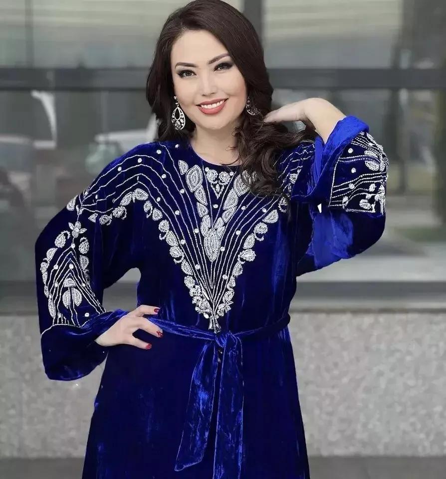 Hand Work Stylish Blue Kaftan Long Moroccan Dubai Farasha Crsytal Abaya Dress