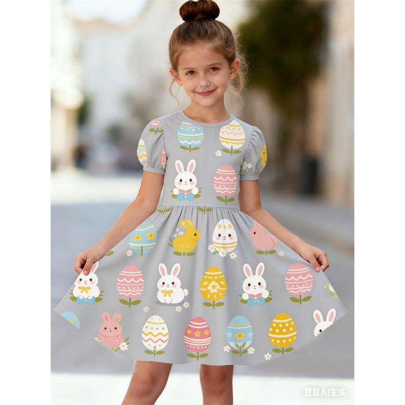 Girls' 3D Rabbit Print Summer Short Sleeve Dress | Crew Neck, A-Line Skirt, Perfect for Beach Outings and Casual Wear