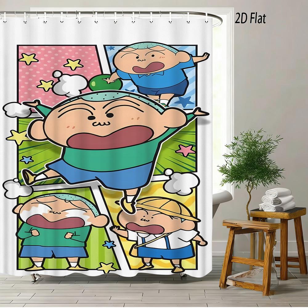 Crayon Shin-Chan Umbrella Walking Cartoon 2D Print Waterproof Shower Curtain, Minimalist White Bathroom Decor With Hooks