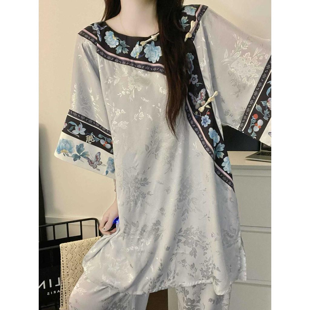 New Chinese ice silk pure desire pajamas women's autumn high-end national style gentle retro short-sleeved trousers loungewear set