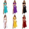 Pantaloni a Gamba Larga in Chiffon da Donna con Paillettes Frange Spacco Culotte Danza del Ventre Crop Top Spalle Scoperte Set Vita con Strass