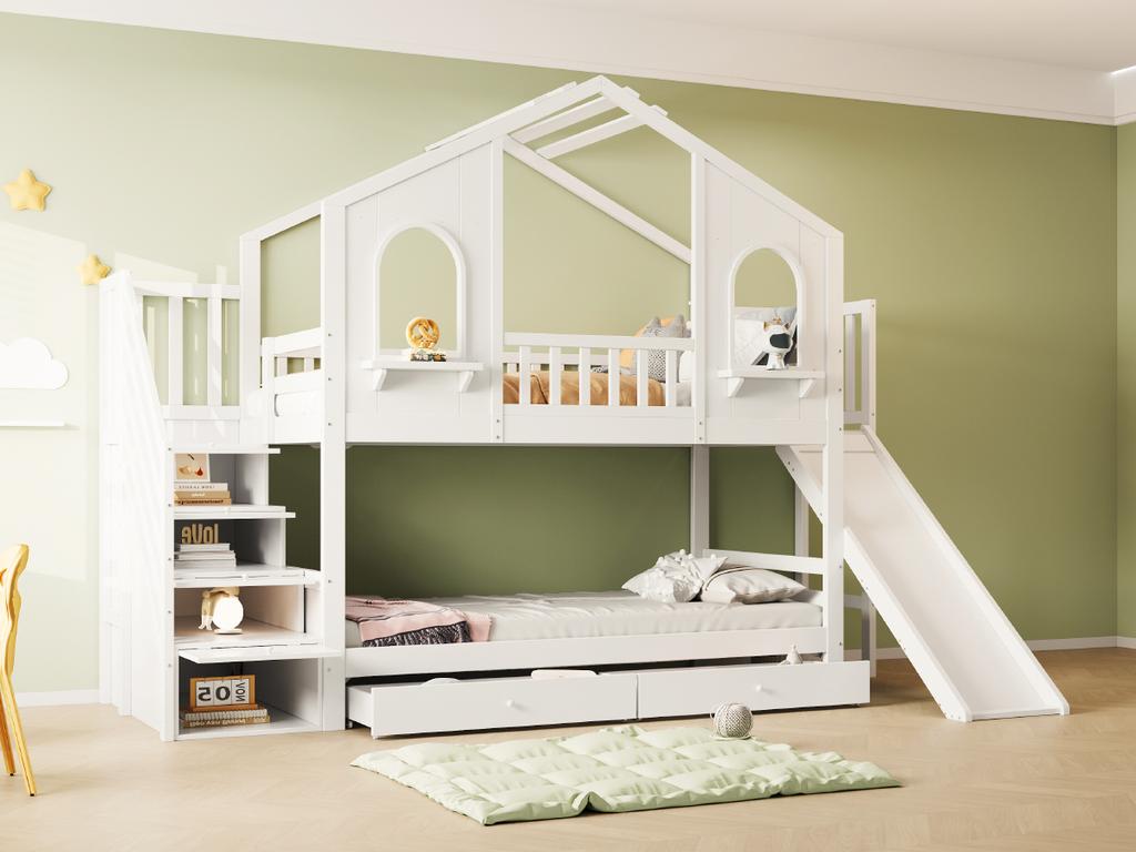 Letto a Castello per Bambini 90 x 200 cm, a Forma di Casa con Finestre Curve, con Scala a Cassetti e Scivolo, Cassetti, Letto Matrimoniale, Bianco