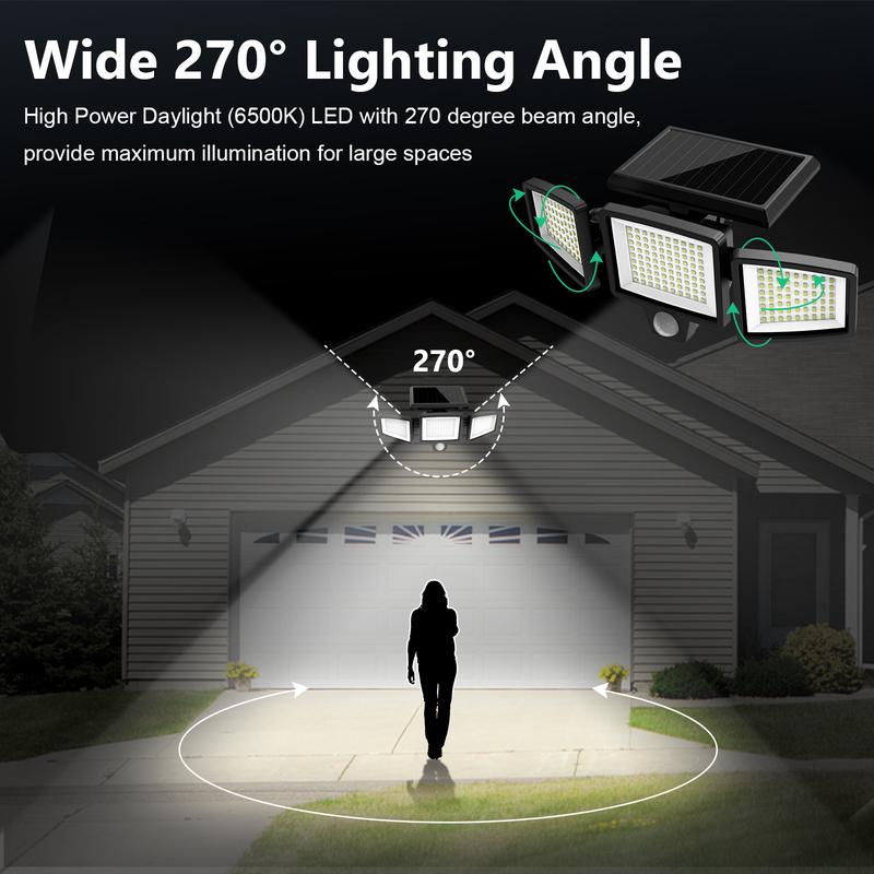 Outdoor Waterproof Solar Light with Motion Sensor 3-Head 200+ LEDs Security Light for Porches Garages Yard Entrances