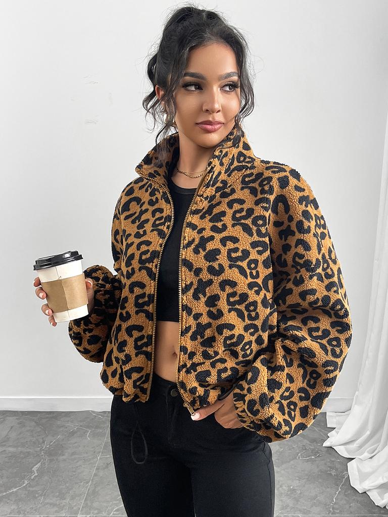 Women's Leopard Print Long Sleeve Fleece Short Coat Autumn Winter Loose Casual Zipper Jackets Halter Neck Outerwears