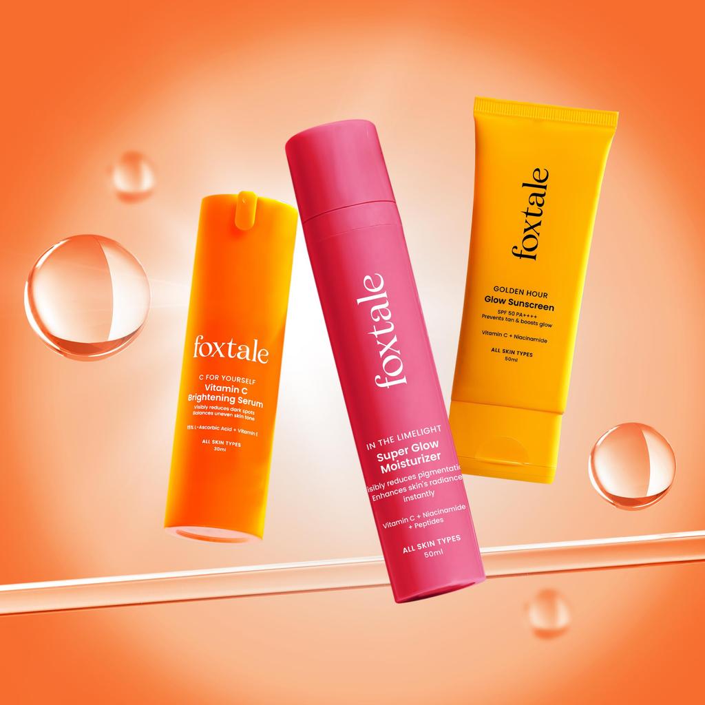 Foxtale Unstoppable Glow Combo | SPF 50 Sunscreen, Vitamin C Serum & Super Glow Moisturizer | Brightens Skin, Fades Dark Spots & Reduces Pigmentati