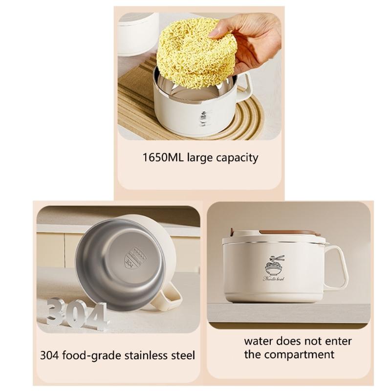 304 Stainless Steel Ramen Bowl Set Foldable Cutlery Included Lunch Box with Lid For Small Space Dormitories