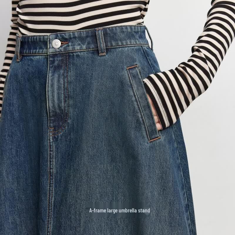 Veromoda 2026 Autumn Retro Washed High-Waist Denim A-Line Skirt