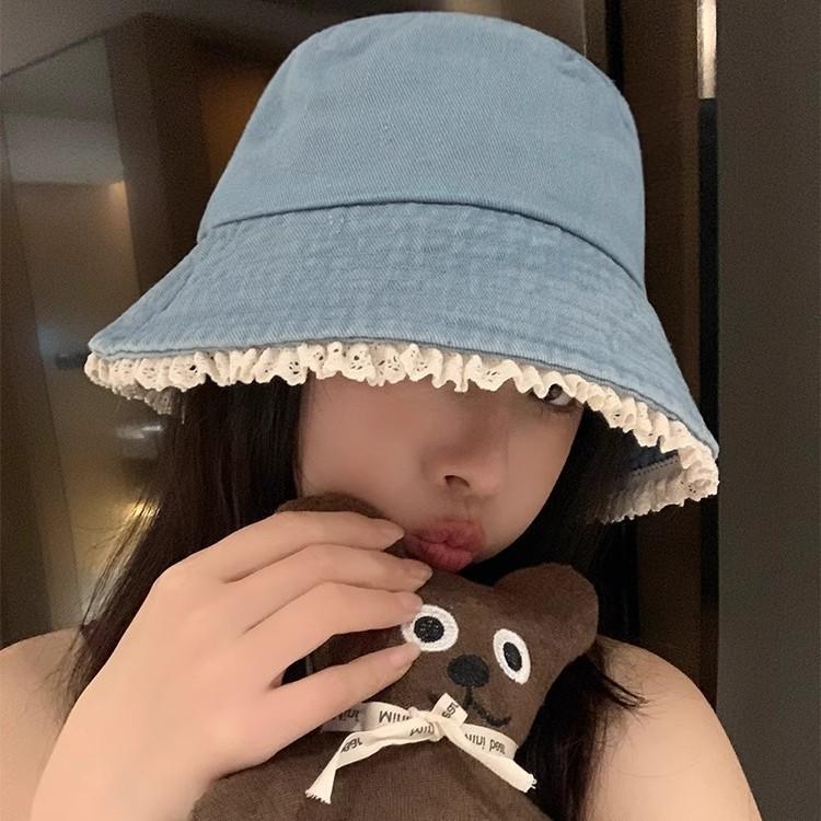 Cute Bucket Hat Lace Edge Denim Basin Hat Summer Travel Sunshade Sunscreen Show Face Small Simple Wind Bucket Hat