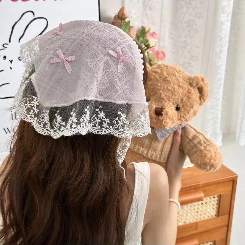 Red Woven Plaid Lace Hair Scarf Wraps Women Retro Triangle Headscarf Hat Travel Photo Headband Girl Hair Accessories