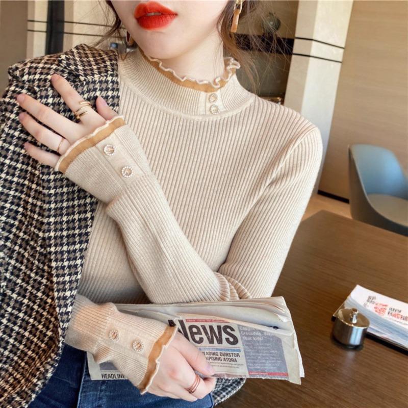 White Knitted Bottoming Shirt Women's Spring Autumn and Winter Fashion Inner Lace Semi-turtleneck Sweater Versatile Slim Top