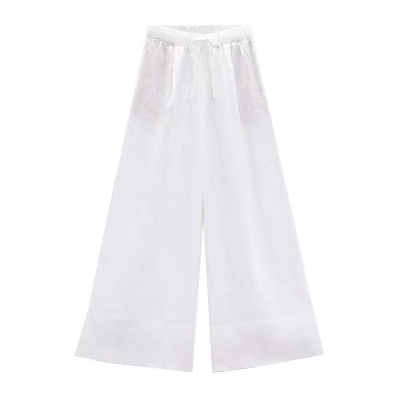 Spring New Arrival Casual Two-Piece Suit Hanging Collar Linen Tops 4043249 Linen Wide Leg Pants 4043243