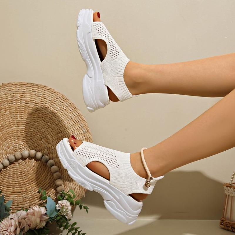 

2025 Новые женские сандалии Летние туфли с открытым носком Вязаные туфли Женские туфли на высоком каблуке Летающее плетение Танкетка Толстая подошва Спортивные женские сандалии 37 белый