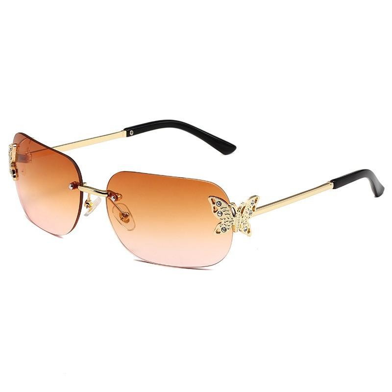 2026 New Rimless Rectangular Butterfly Sunglasses Retro Metal Frame Women’s Street Style Diamond-Encrusted UV400 Shades Eyewear