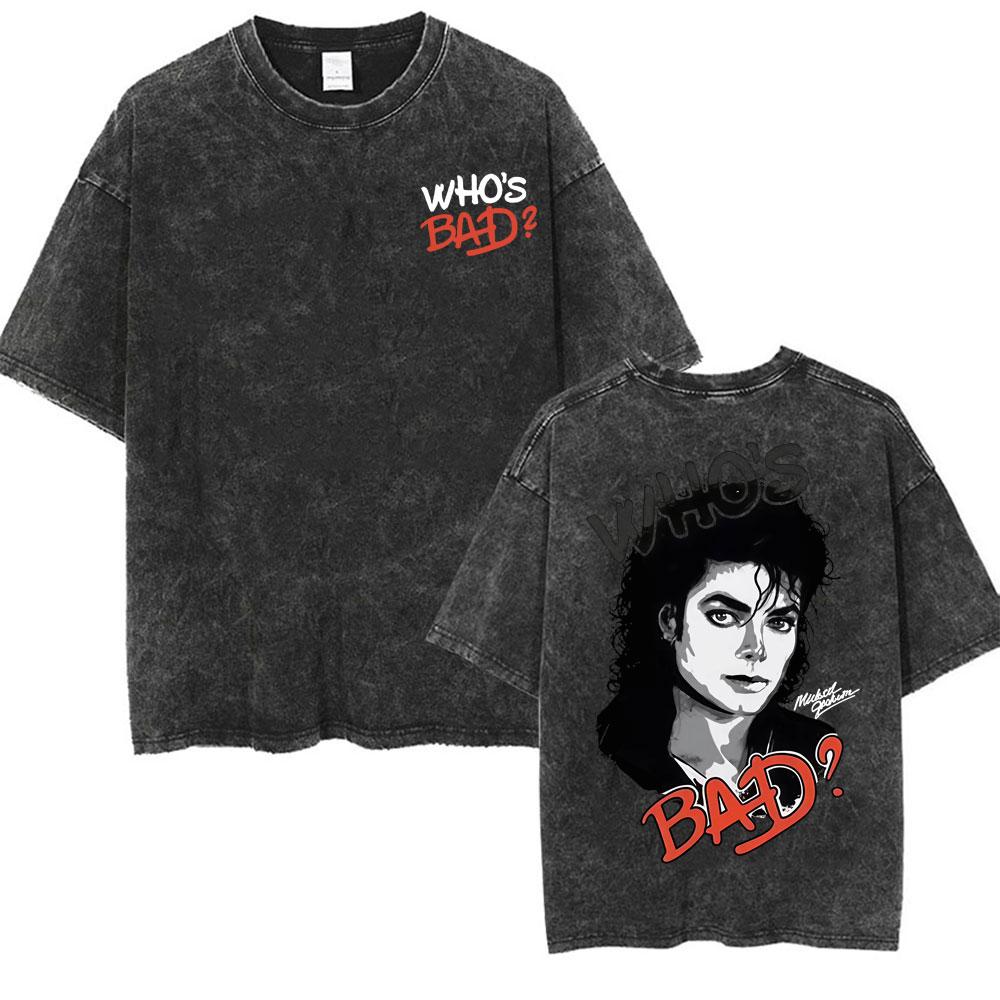 Michael Jackson King of Pop Bad Era Vintage Washed Tee Shirt Men's Fashion Hip Hop Classic T-shirt Casual Tops Oversized T Shirt