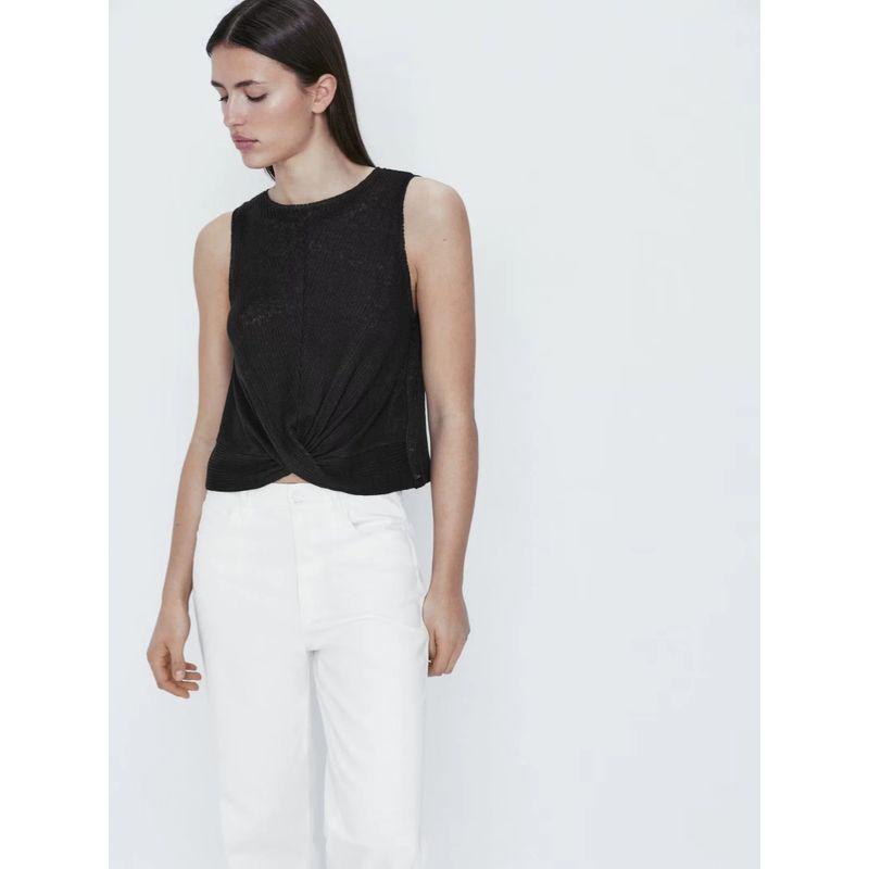 

MD Women s Clothing Spring/Summer New Arrival Ruched Detail Lightweight Plaid Linen Sleeveless Tops T-shirt 06840778712 Black L