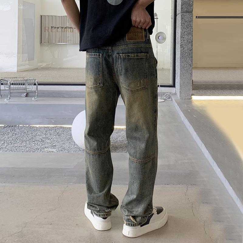American Retro Jeans High Street New Men's Clothing Washed and Old Floor-mopping Pants Loose Casual Tooling Straight Pants