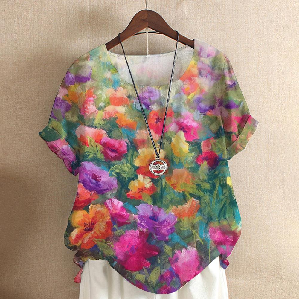 Colorful floral print 3D printed oil painting, women s streetwear, flower T-shirt XL