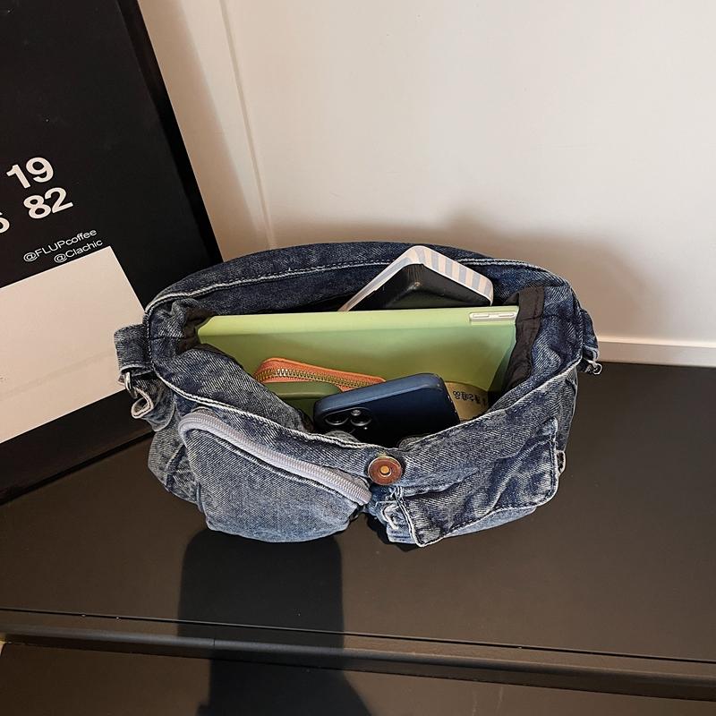Multi-Pocket Denim Bag Large Capacity Retro Commuter Shoulder Bag