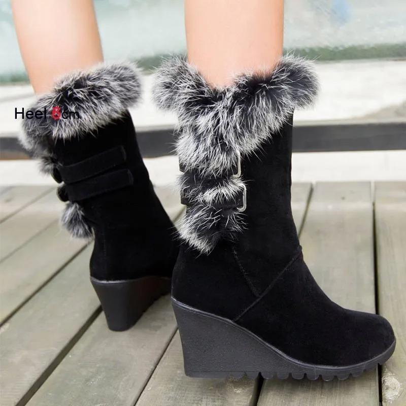 2025 Wedge Heels Cotton Boots Fashion 6cm High Heels Women Mid-calf Boots Winter Thick Plush Warm Short Boots  Lady Long Boots
