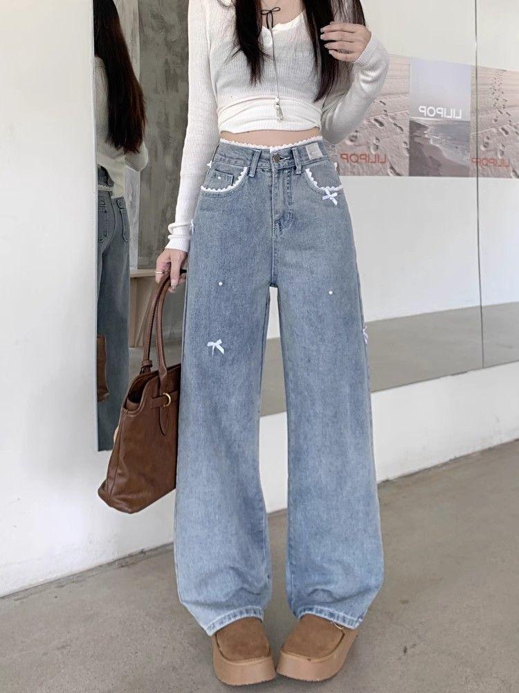 

Джинсы широкие с декором в виде банта больших размеров - Коллекция весна/осень M синий