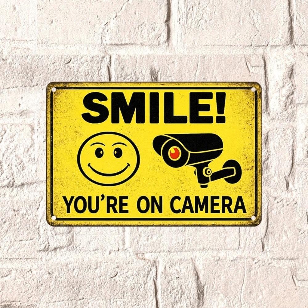 Smile You're On Camera Metal Tin Sign, 2D Flat Humorous Warning Wall Plaque, 12x8 Inch Durable Iron Decor, Easy to Hang