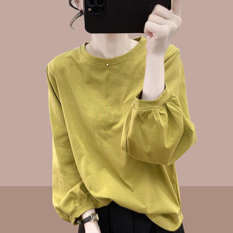 Autumn Cotton Lantern-sleeved Long-sleeved T-shirt Women's Korean Loose Age-reducing Blouse Retro Pleated Bottoming Shirt T-shirt