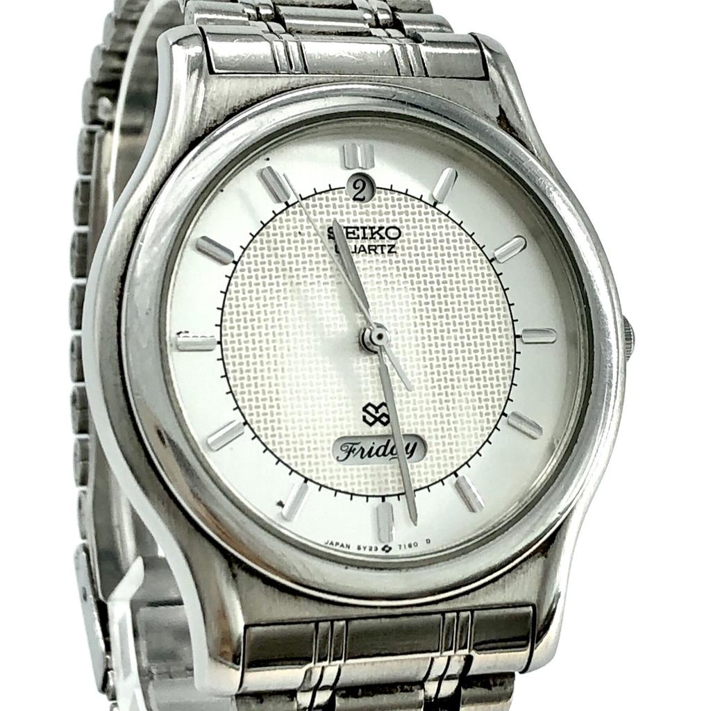 SEIKO 5Y23-7080 Manufactured 1988 Quartz QZ Battery Powered Day-Date White Silver Dial Stainless Steel Men's Watch WATER RESISTANT 3-Hand