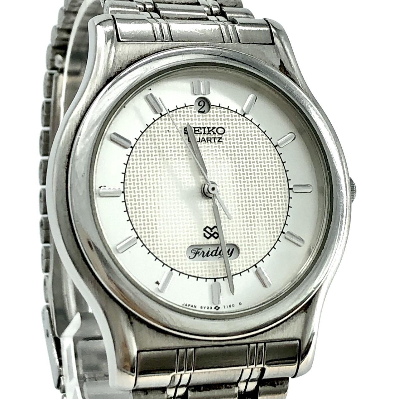 SEIKO 5Y23-7080 Изготовлены 1988 г. Кварцевые QZ Работа от батарейки День-Дата Белый Серебристый Циферблат Нержавеющая Сталь Мужские Часы ВОДОСТОЙКИЕ 3 Стрелки