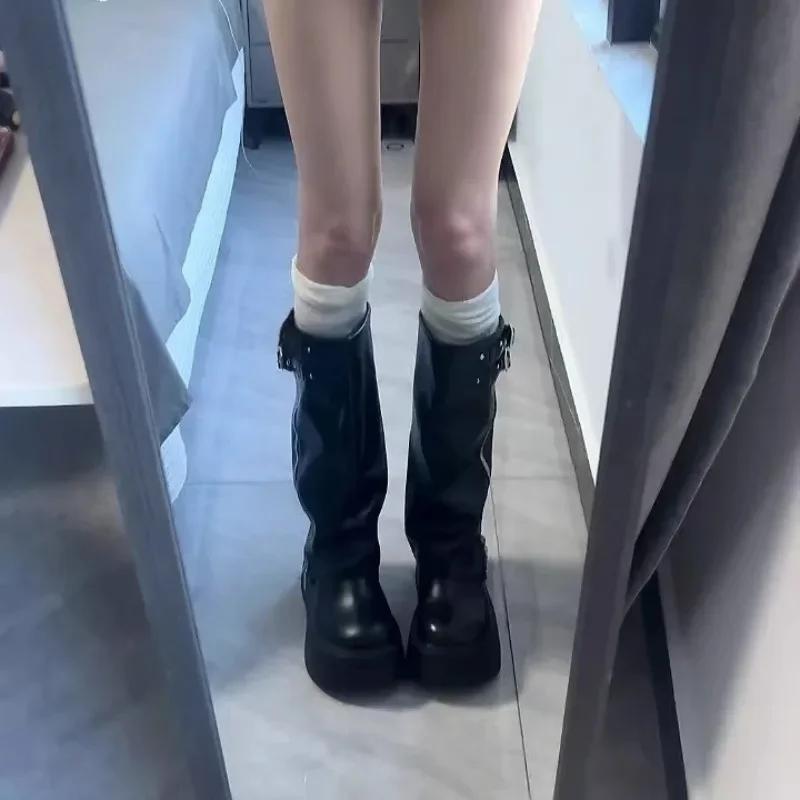 Ladies Shoes 2025 Platform Modern Women's Boots Side Zip Round Toe Belt Buckle Knee-High Boots Classics Versatile Shoes