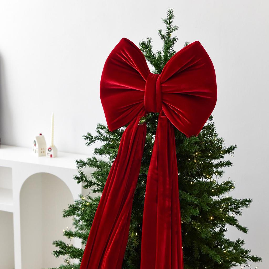 Velvet Wine Red Bow Christmas Tree Ornaments - Festive Decorative Pendants