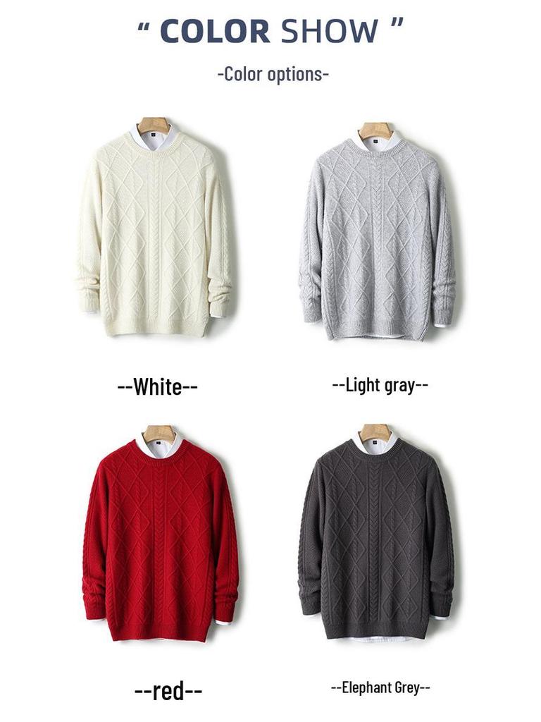 Men's British Style 100% Wool Sweater, Round Neck, 3D Cable Knit, Loose Fit, Five-Needle Thickened Casual Base Layer.