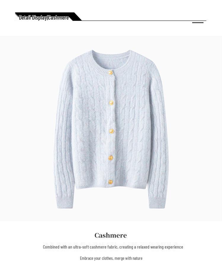 100% Pure Cashmere Women's Round Neck Loose Cable Knit Cardigan - Versatile & Casual for Autumn/Winter
